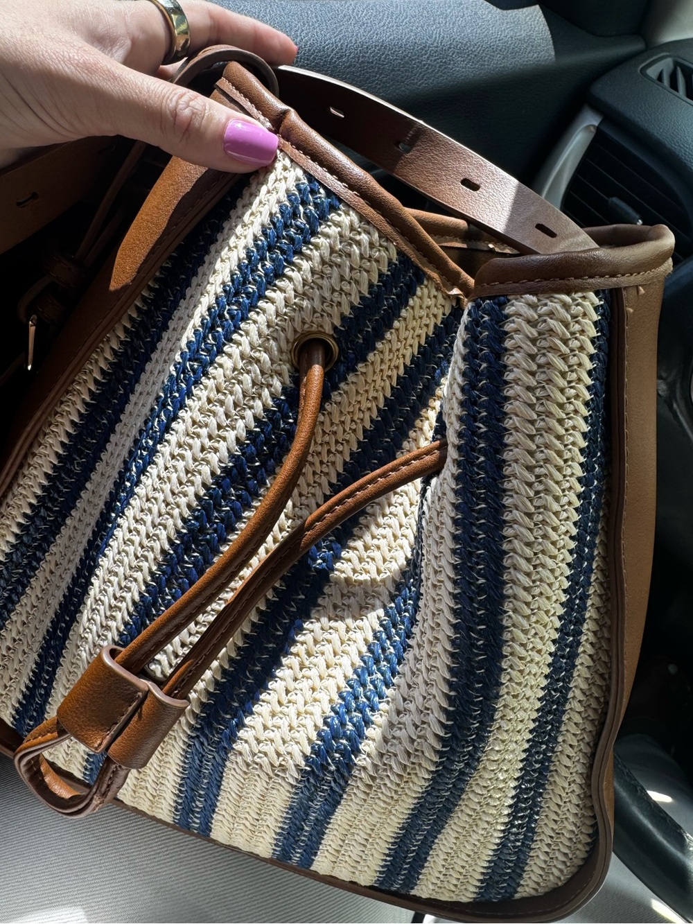 Cracker Barrel Navy, Cream & Brown Striped Woven Bucket Bag
